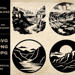 Paquete SVG del Gran Cañón, PNG, imágenes prediseñadas del Parque Nacional, ilustración vectorial del Gran Cañón dibujada a mano, archivos SVG para grabado láser