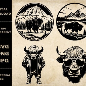 Buffalo SVG Bundle, PNG, Buffalo Clipart, Hand Drawn Buffalo Vector Illustration, SVG Files For Laser Engraving