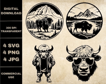 Buffalo SVG Bundle, PNG, Buffalo Clipart, Hand Drawn Buffalo Vector Illustration, SVG Files For Laser Engraving