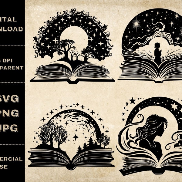 Celestial Book SVG Bundle, PNG, Fantasy Bookworm Clipart, Hand Drawn Books Vector Illustration, SVG Files For Laser Engraving