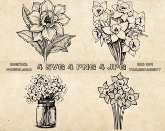 Daffodil SVG Bundle, PNG, Flowers Clipart, Hand Drawn Daffodils Vector Graphic Illustration, SVG Files For Laser Engraving