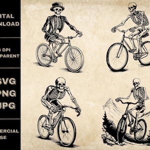 Skelet fietsen SVG bundel, PNG, grappige fietsen clipart, hand getekende skelet rijden op een fiets vector illustratie, SVG-bestanden voor laser gravure