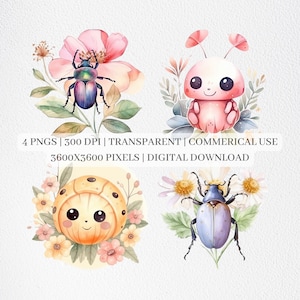 Cute Beetle Clipart, Watercolor Insects PNG Files, Bugs Clip Art, Nursery Decor, Printable Wall Art, Sublimation Commercial Use
