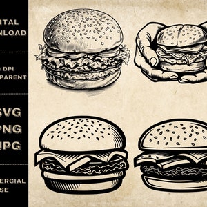 Hamburger SVG Bundle, PNG, Fast Food Clipart, Hand Drawn Hamburger Vector Illustration, SVG Files For Laser Engraving