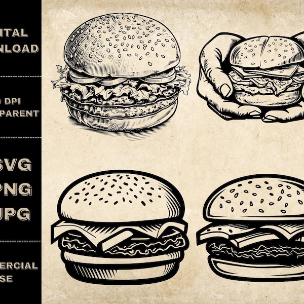Hamburger SVG Bundle, PNG, Fast Food Clipart, Hand Drawn Hamburger Vector Illustration, SVG Files For Laser Engraving