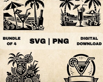 Paquete SVG de cóctel tropical, imágenes prediseñadas de cóctel, ilustración vectorial de tema amante de cócteles dibujado a mano, archivos SVG para grabado láser y artesanía