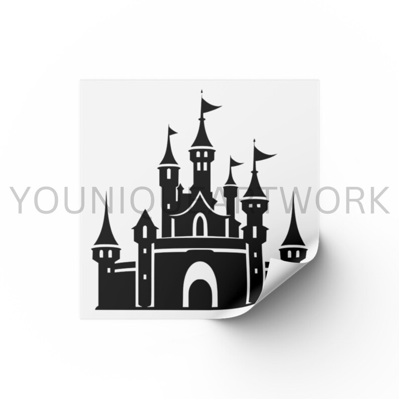 May include: Black silhouette of a fairytale castle with multiple towers and spires. The castle has a large arched entrance and a pointed roof.