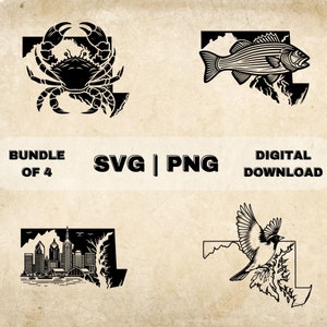 Maryland State SVG Bundle, Maryland Clipart, Baltimore Oriole Vogel, Krabbe, Bass Fisch Thema Vektor, PNG-Dateien für die Lasergravur & das Basteln