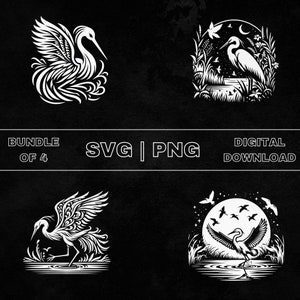 Egret SVG Bundle, Egret Bird Clipart, Hand Drawn Coastal Bird Theme Vector Illustration, PNG Files For Laser Engraving & Craft