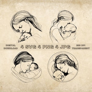 Mom And Baby SVG Bundle, PNG, Mom Holding Newborn Clipart, Hand Drawn Mother And Baby Vector Illustration, SVG Files For Laser Engraving