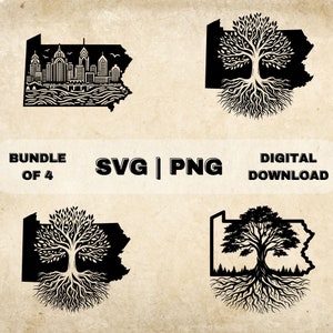 Pennsylvania State SVG Bundle, Pennsylvania Clipart, Philadelphia Skyline, Flower, Roots Theme Vector, PNG Files For Laser Engraving & Craft