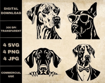 Great Dane SVG Bundle, PNG, Cute Dogs Clipart, Hand Drawn Peeking Dog Vector Illustration, SVG Files For Laser Engraving