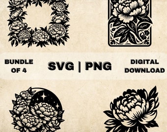 Peony SVG Bundle, Peonies Flowers Clipart, Hand Drawn Floral Theme Vector Illustration, SVG Files For Laser Engraving & Craft