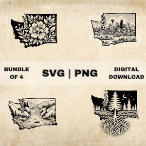 Washington State SVG Bundle, Washington Clipart, Seattle Skyline, Flower, Pride Art Theme Vector, PNG Files For Laser Engraving & Craft