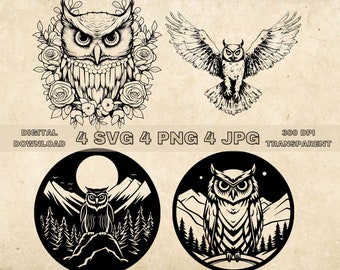 Owl SVG Bundle, PNG, Owl Clipart, Hand Drawn Owls Vector Illustration, SVG Files For Laser Engraving