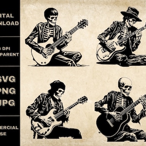Gitarist SVG Bundel, PNG, Gitarist Skeleton Clipart, Handgetekende Gitaar Themed Vector Illustratie, SVG-bestanden voor lasergravure
