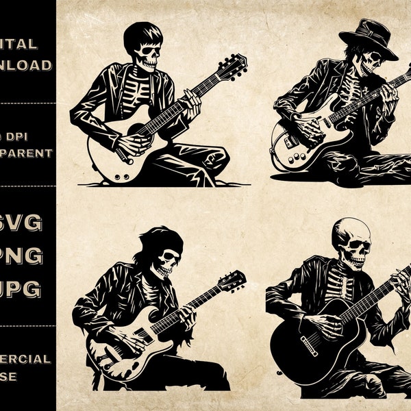 Guitar Player SVG Bundle, PNG, Guitarist Skeleton Clipart, Hand Drawn Guitar Themed Vector Illustration, SVG Files For Laser Engraving