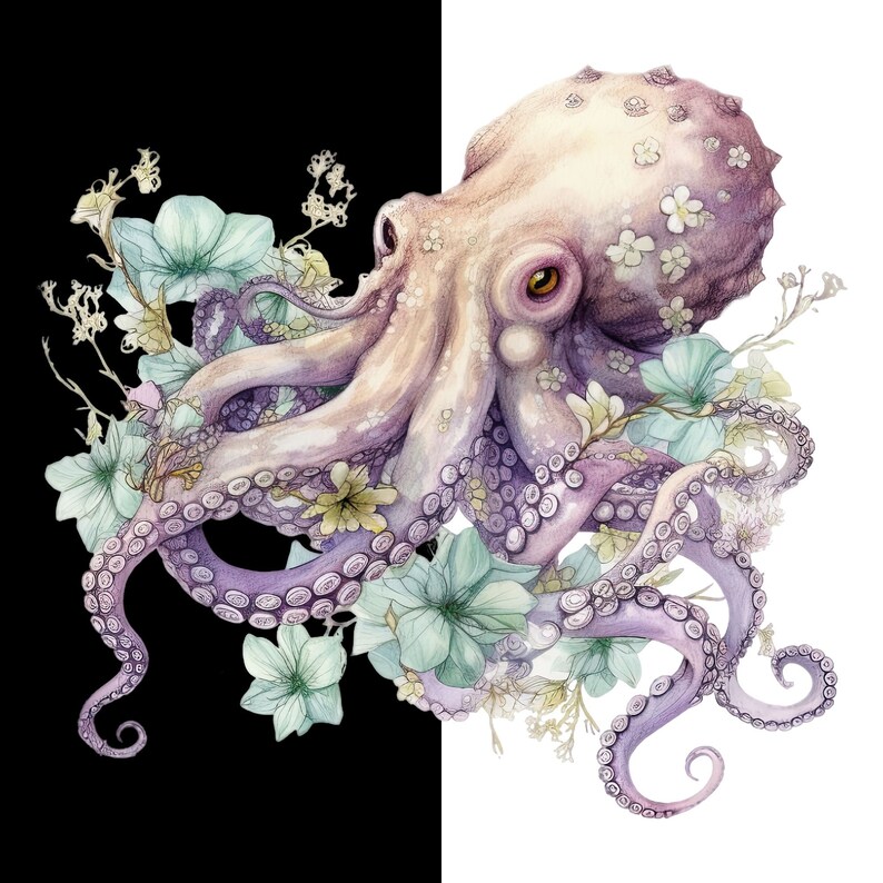 May include: A watercolor painting of an octopus with purple tentacles and a light pink body. The octopus is surrounded by white and light blue flowers.