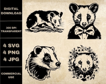 May include: Four black and white illustrations of different animals. The first is a possum, the second is a possum wearing a bow tie, the third is a badger, and the fourth is a possum with a floral wreath around its head.