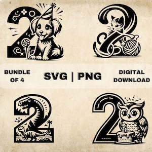 Pacote SVG de 2º aniversário, clipart de segundo aniversário, ilustração vetorial com tema de animal fofo desenhado à mão, arquivos SVG para gravação a laser e artesanato