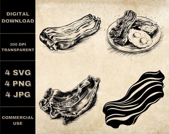 Bacon SVG-paket, PNG, Bacon Clipart, Handritad Bacon-vektorillustration, SVG-filer för lasergravering