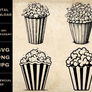 Popcorn SVG Bundle, PNG, Popcorn Clipart, Hand Drawn Popcorn Vector Illustration, SVG Files For Laser Engraving
