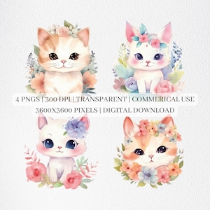 Cute Kitten Clipart, Watercolor Cats PNG Files, Cat Clip Art, Nursery Decor, Printable Wall Art, Sublimation, Commercial Use