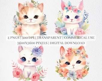Clipart di gattini carini, file PNG di gatti acquerellati, clipart di gatti, decorazioni per la cameretta dei bambini, stampe murali, sublimazione, uso commerciale