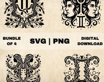 Gemini SVG Bundle, Zodiac Sign Clipart, Hand Drawn Astrology Themed Vector Illustration, SVG Files For Laser Engraving & Craft