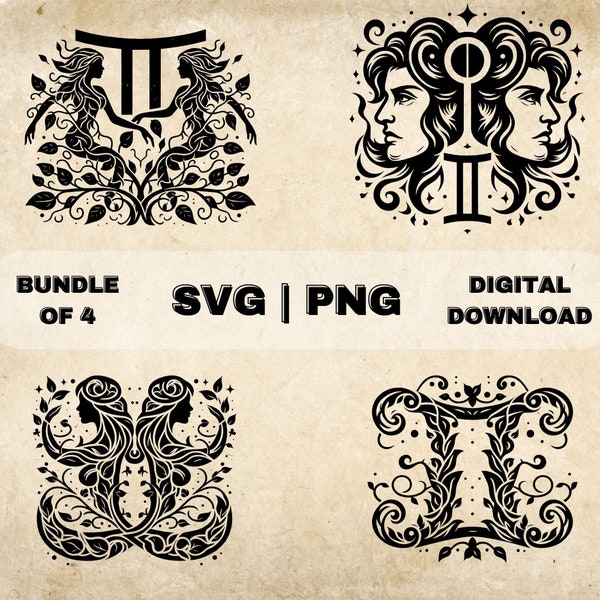 Gemini SVG Bundle, Zodiac Sign Clipart, Hand Drawn Astrology Themed Vector Illustration, SVG Files For Laser Engraving & Craft