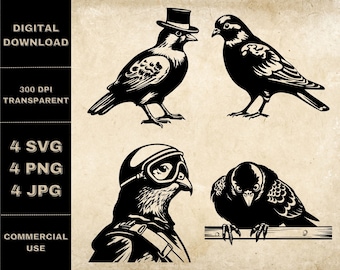 Pigeon SVG Bundle, PNG, Funny Pigeon Clipart, Hand Drawn Pigeons Vector Illustration, SVG Files For Laser Engraving