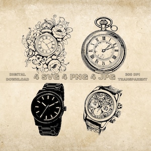 Clock SVG Bundle, PNG, Floral Clock Clipart, Hand Drawn Clock And Watch Vector Illustration, SVG Files For Laser Engraving