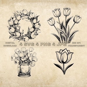 Tulip SVG Bundle, PNG, Flowers Clipart Cut Files, Floral Wreath And Vase Svg, Hand Drawn Tulips Vector Art