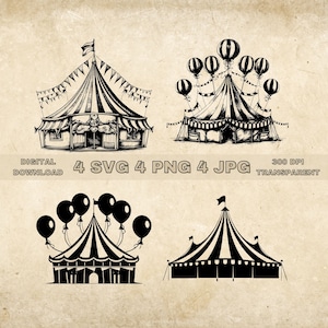 Cirque tente SVG Bundle, PNG, cirque Clipart, Illustration vectorielle de cirque dessiné à la main, fichiers SVG pour la gravure au Laser