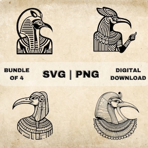 Peut inclure: Un ensemble de quatre illustrations numériques en noir et blanc de têtes de dieux égyptiens stylisées avec des détails complexes. Les illustrations sont de style vintage et seraient parfaites pour une utilisation dans l'artisanat, le scrapbooking ou les projets de conception numérique.