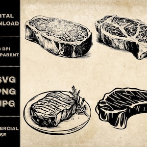 Steak SVG Bundle, PNG, Steak Clipart, Hand Drawn Steak Vector Illustration, SVG Files For Laser Engraving