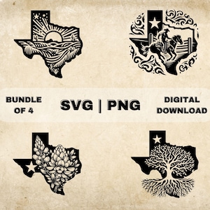 Texas State SVG Bundle, Texas Clipart, Bluebonnet, Houston Skyline, Roots Landscape Art Theme Vector, PNG Files For Laser Engraving & Craft
