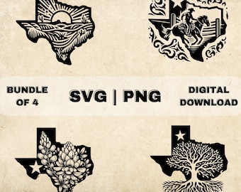 Texas State SVG Bundle, Texas Clipart, Bluebonnet, Houston Skyline, Roots Landscape Art Theme Vector, PNG Files For Laser Engraving & Craft