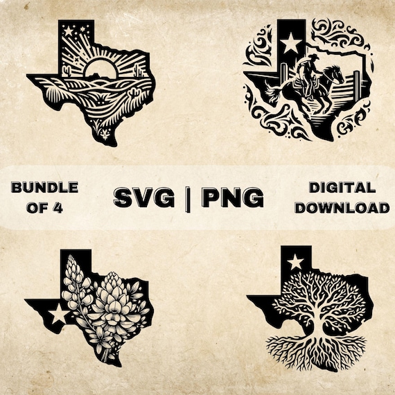 Texas State SVG Bundle, Texas Clipart, Bluebonnet, Houston Skyline, Roots Landscape Art Theme Vector, PNG Files For Laser Engraving & Craft