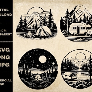 Camping SVG Bundle, PNG, Camp Clipart, Hand Drawn Campfire Vector Illustration, SVG Files For Laser Engraving
