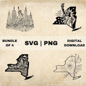 May include: A digital download bundle of four black and white SVG and PNG files featuring different designs of the state of New York. The designs include a skyline, the Statue of Liberty, a floral arrangement, and a cityscape.