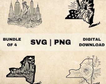 New York State SVG-Bundle, New York City Clipart, Freiheitsstatue, Blume, Skyline Kunst Thema Vektor, PNG-Dateien für die Lasergravur & das Basteln