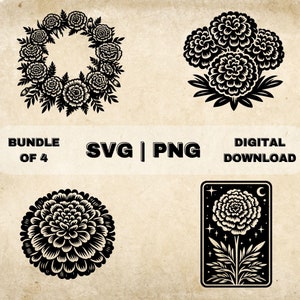 Marigold SVG Bundle, Marigolds Flowers Clipart, Hand Drawn Floral Theme Vector Illustration, SVG Files For Laser Engraving & Craft