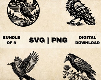 Crow SVG Bundle, Raven Clipart, Hand Drawn Black Bird Lover Theme Vector Illustration, PNG Files For Laser Engraving & Craft