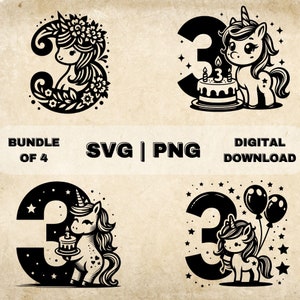 Einhorn 3. Geburtstag SVG-Bundle, Geburtstag Clipart, Hand gezeichnete Mädchen unter dem Motto Vektor-Illustration, SVG-Dateien für die Lasergravur und das Basteln