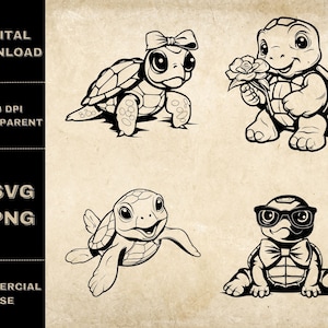 Mignon tortue SVG Bundle, PNG, bébé tortue de mer Clipart, illustration vectorielle de tortue drôle dessinée à la main, fichiers SVG pour gravure laser