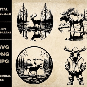 Moose SVG Bundle, PNG, Wild Animal Clipart, Hand Drawn Moose Illustration, SVG Files For Laser Engraving