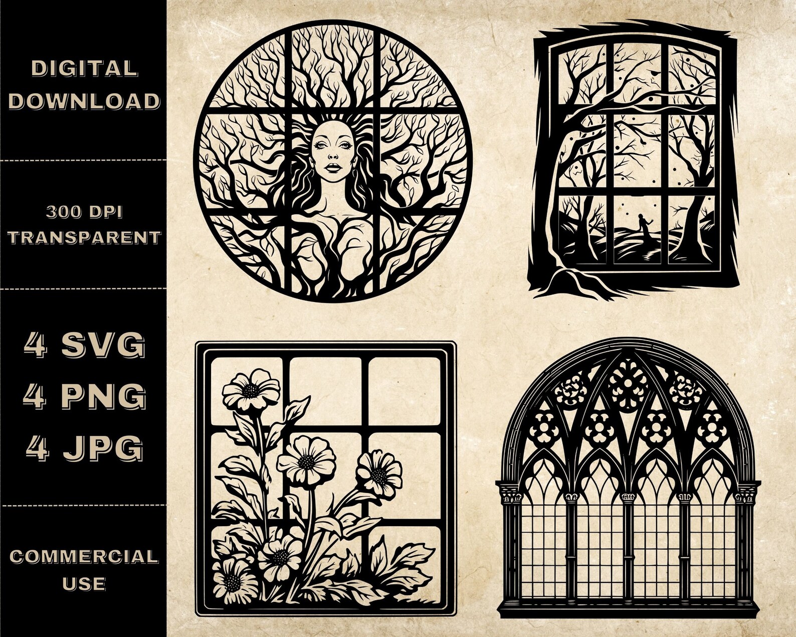 Window Filigree Vector Floral Window SVG Bundle, PNG, Window Frame Clipart, Hand Drawn Gothic ...