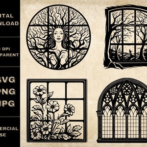 Floral Window SVG Bundle, PNG, Window Frame Clipart, Hand Drawn Gothic Window Women Vector Illustration, SVG Files For Laser Engraving