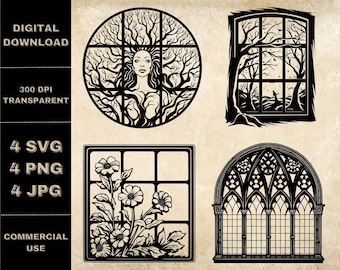 Floral Window SVG Bundle, PNG, Window Frame Clipart, Hand Drawn Gothic Window Women Vector Illustration, SVG Files For Laser Engraving